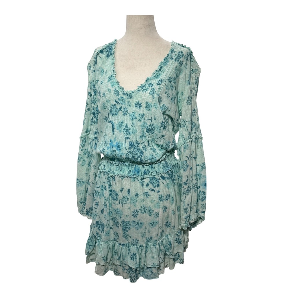 Poupette St Barth Floral Smocked Mini Dress SM V Neck Dainty Boho Feminine Airy